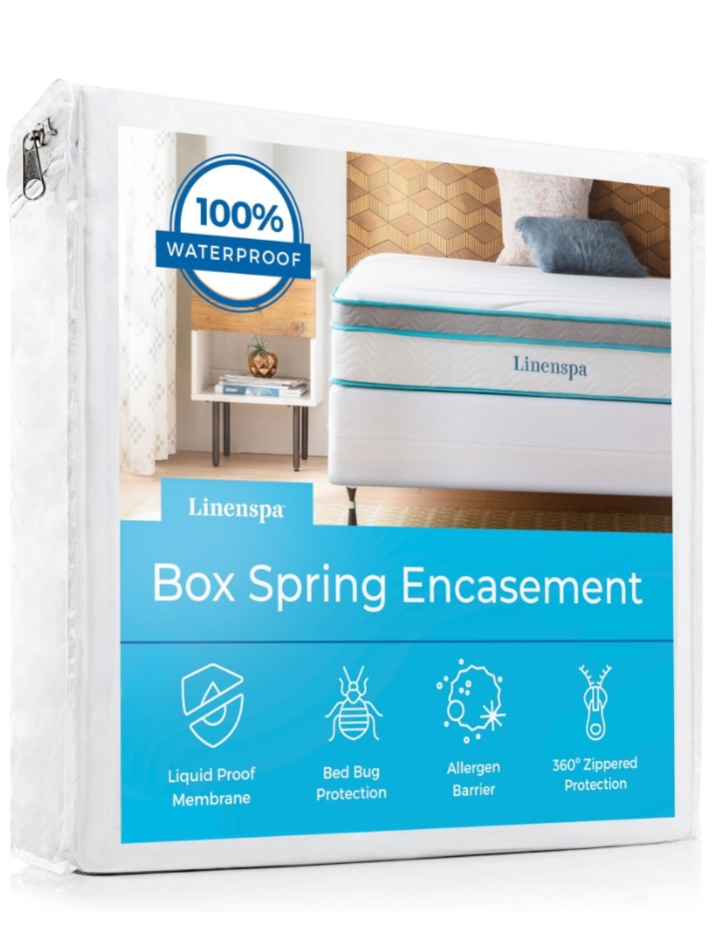 WHITE Box Spring Encasement Zippered & Waterproof Complete Protection FULL